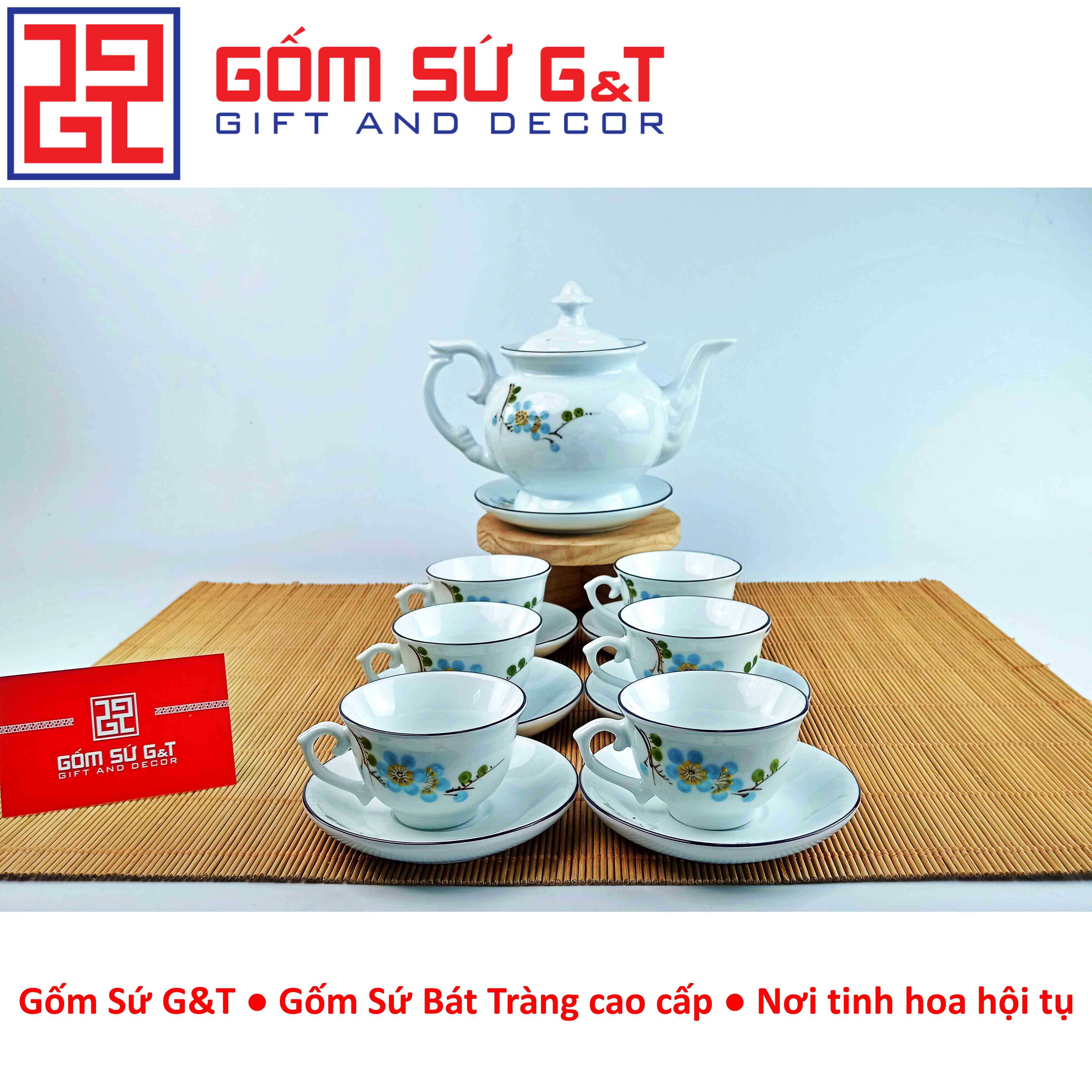 Bộ trà cát tường vẽ hoa đào xanh Gốm Sứ G&T