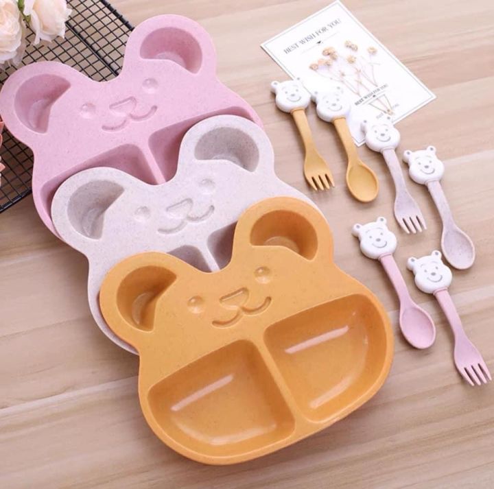 Bộ Khay Ăn Dặm Cho Bé 2 Ngăn Hình Gấu (kèm Muỗng, Nĩa) - hàng cao cấp
