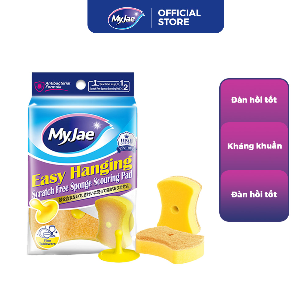 Miếng Bọt Biển Rửa Chén MyJae 2 Mặt, Mút Xốp Rửa Bát Đa Năng Kèm Miếng Nhựa Hít Kê 11.3cm x 7.8cm x 3cm (2 Miếng/Gói)