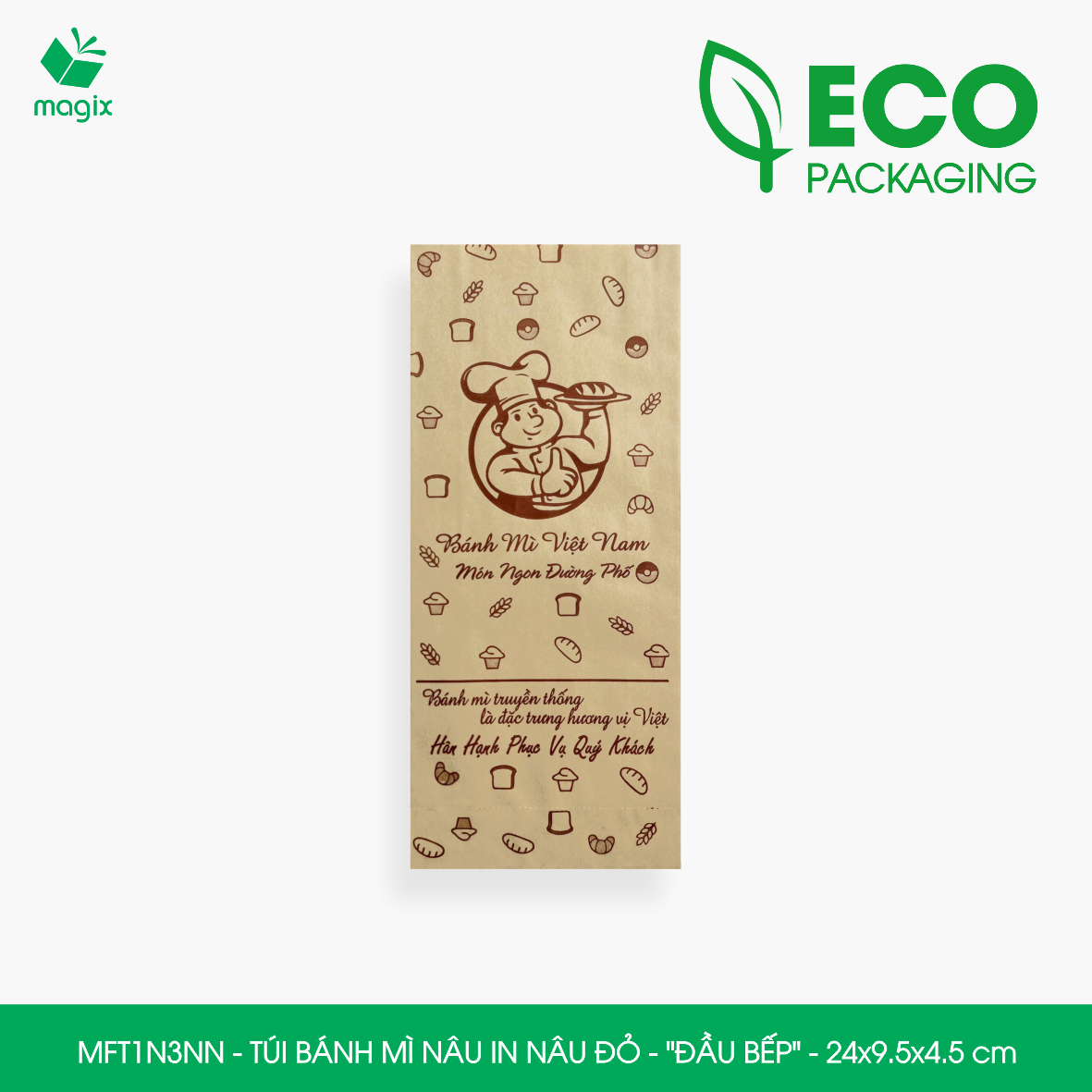 MFT1N3NN - 24x9.5x4.5 cm - 100 Túi bánh mì Nâu, in sẵn họa tiết ĐẦU BẾP - Bao bánh mì Túi giấy thực phẩm an toàn