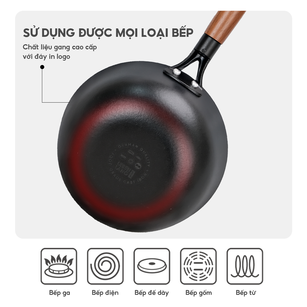 Nồi gang chống dính đa năng Lebenlang LBL2523, size 20, 2L, nắp kính tay cầm gỗ dùng mọi loại bếp - hàng chính hãng