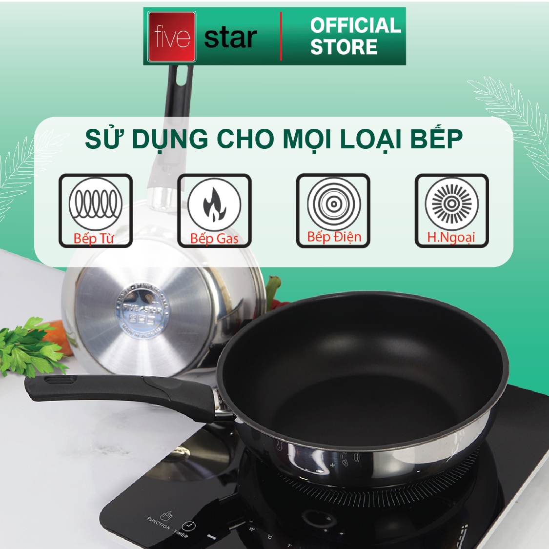 Chảo đáy từ chống dính sâu lòng cao cấp Fivestar inox 430 , tặng 5 muỗng ăn