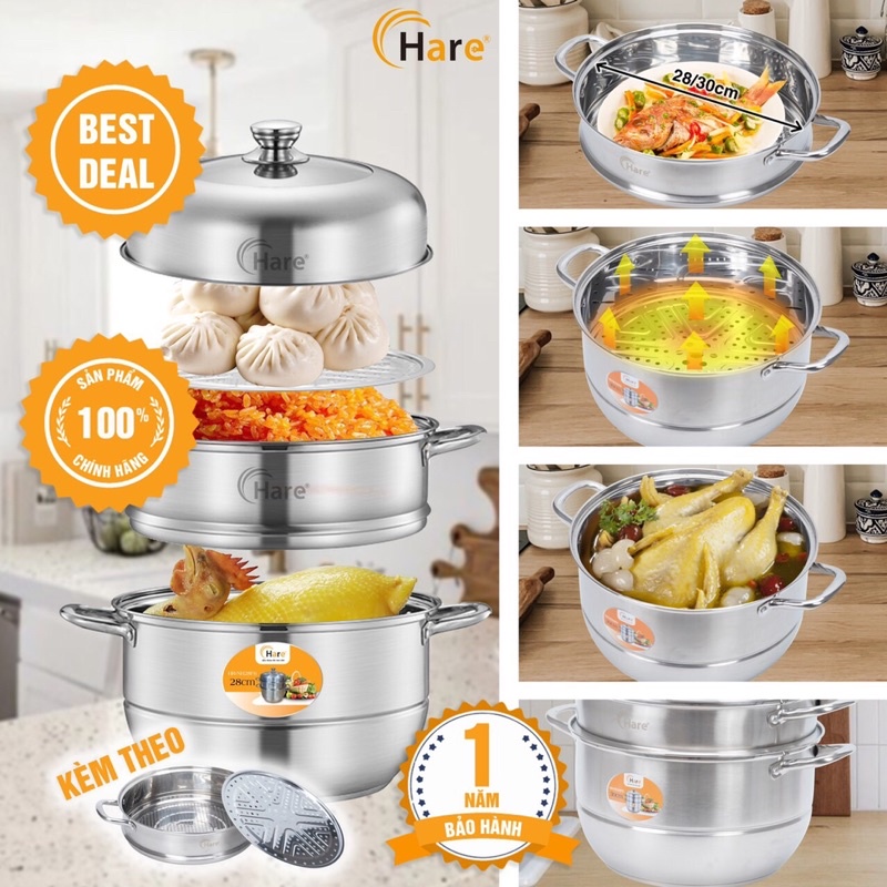 Bộ nồi hấp inox cao cấp đáy từ 3 tầng vung kính - thương hiệu Hare - lỗi 1 đổi 1