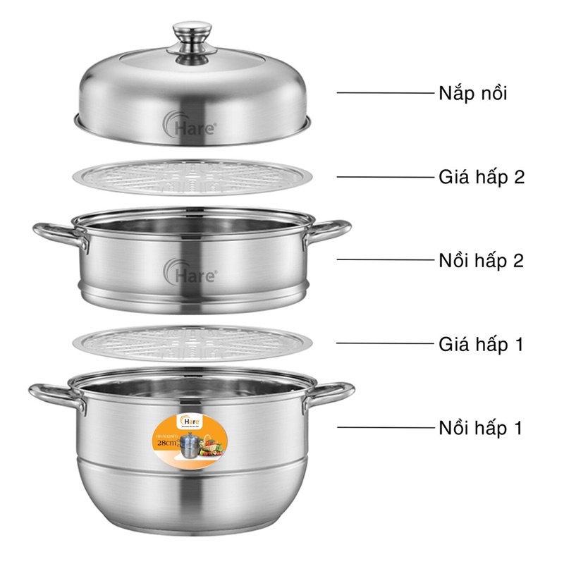 Bộ nồi hấp inox cao cấp đáy từ 3 tầng vung kính - thương hiệu Hare - lỗi 1 đổi 1