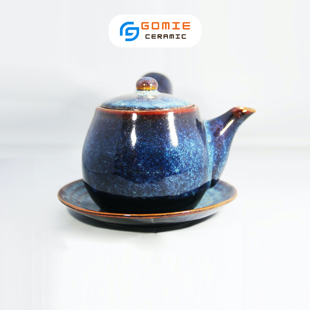 Ấm Trà Kiểu Nhật Men xanh hỏa biến - Ấm trà có tay cầm dài men hỏa biến - Gốm sứ cao cấp Bát Tràng