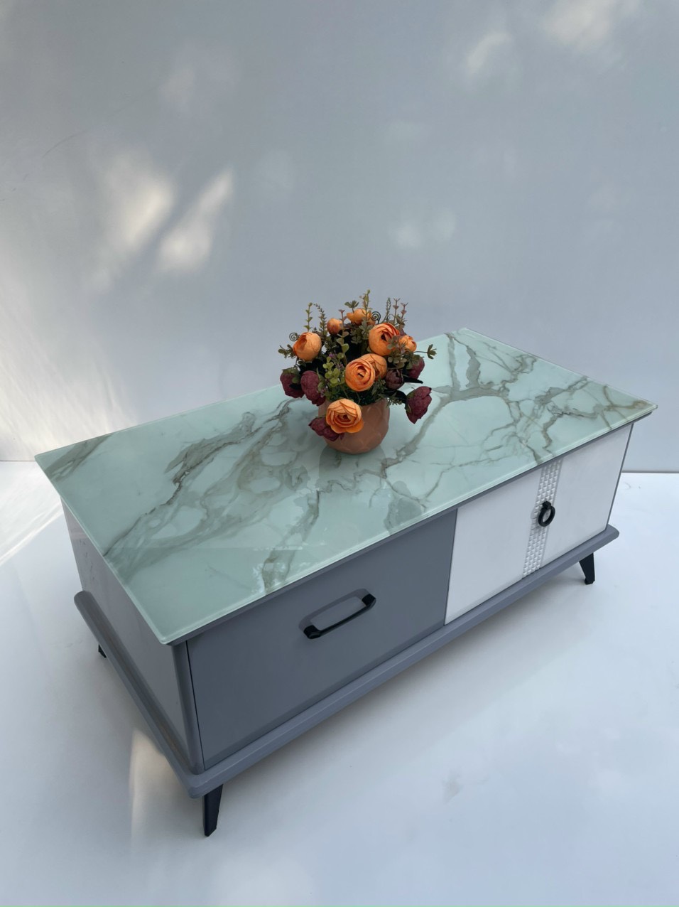 Bàn trà mặt kính vân xanh mẫu mới 2023 Tundo KT50x100x45cm