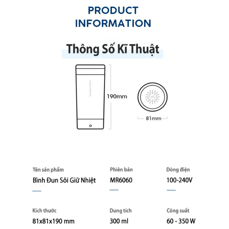 Bình đun nước kiêm giữ nhiệt cao cấp Morphy Richards MR6060, chất liệu inox 304, inox 316L , dễ dàng thay đổi kiểm soát nhiệt đô, dung tích 350ml- Hàng chính hãng