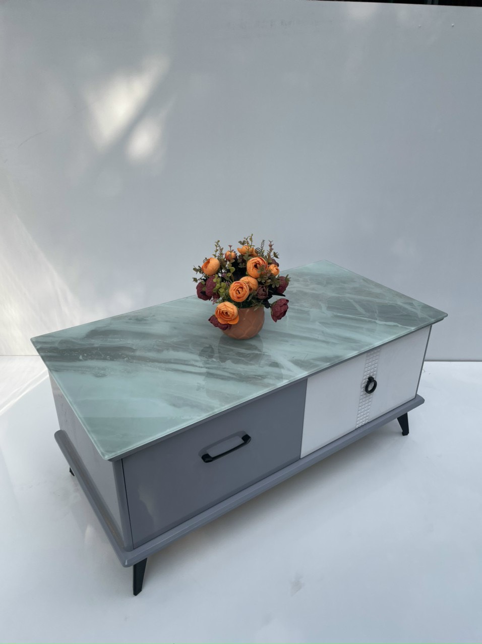 Bàn trà mặt kính vân xanh mẫu mới 2023 Tundo KT50x100x45cm