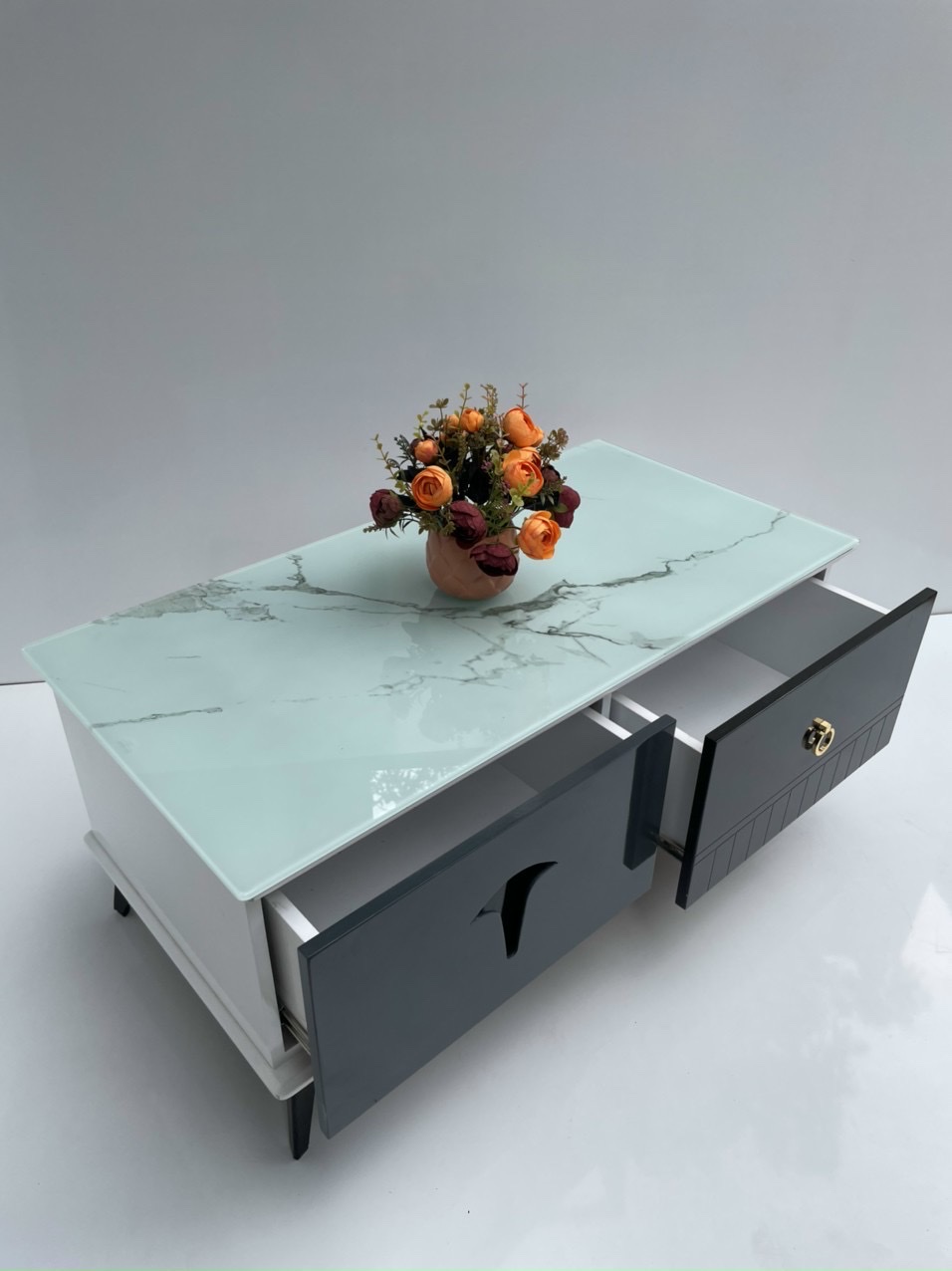 Bàn trà mặt kính vân xanh mẫu mới 2023 Tundo KT50x100x45cm