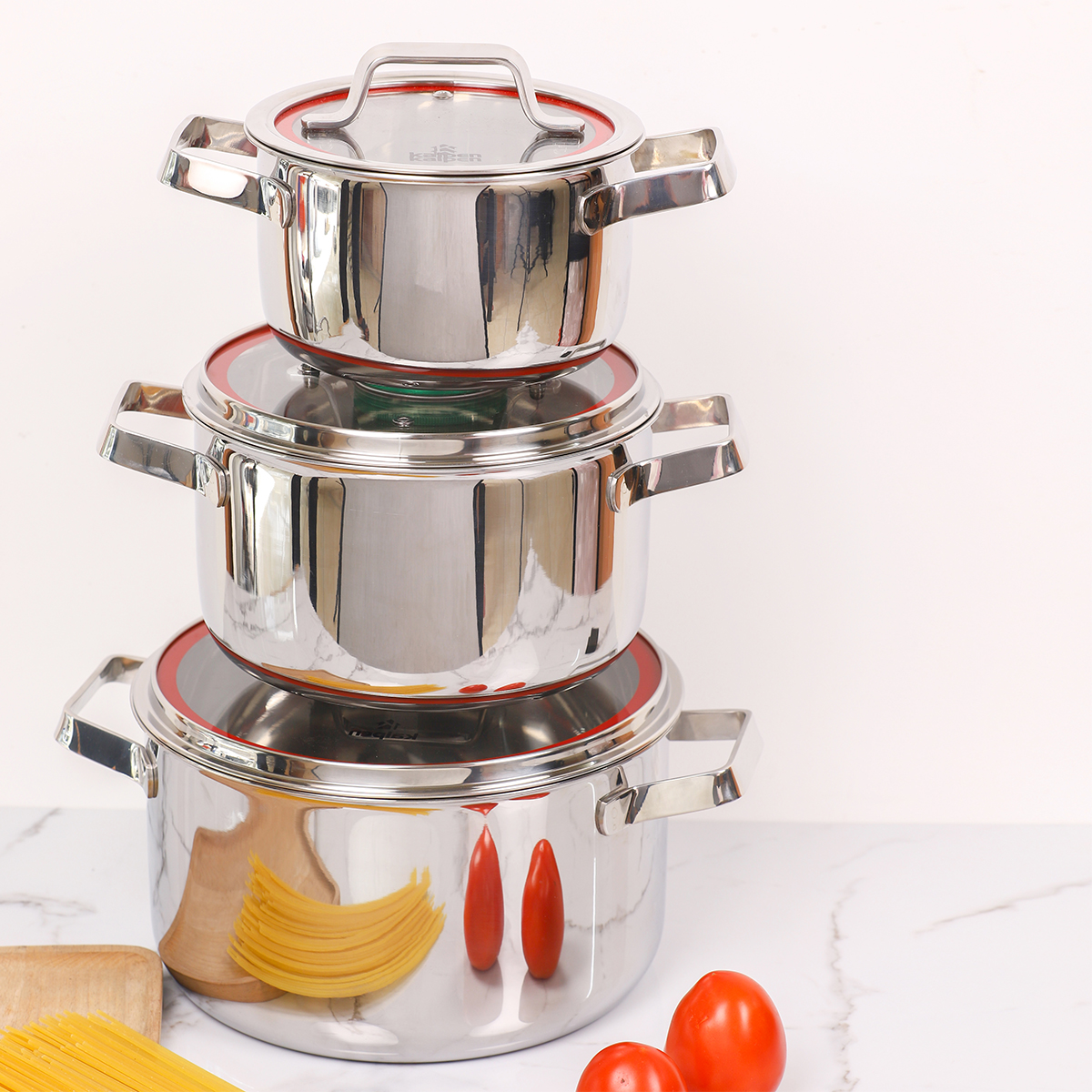 Bộ Nồi INOX 304 Cao Cấp 3 Lớp Liền Khối Emer EM1 Size 16-20-24cm Chính Hãng KALPEN