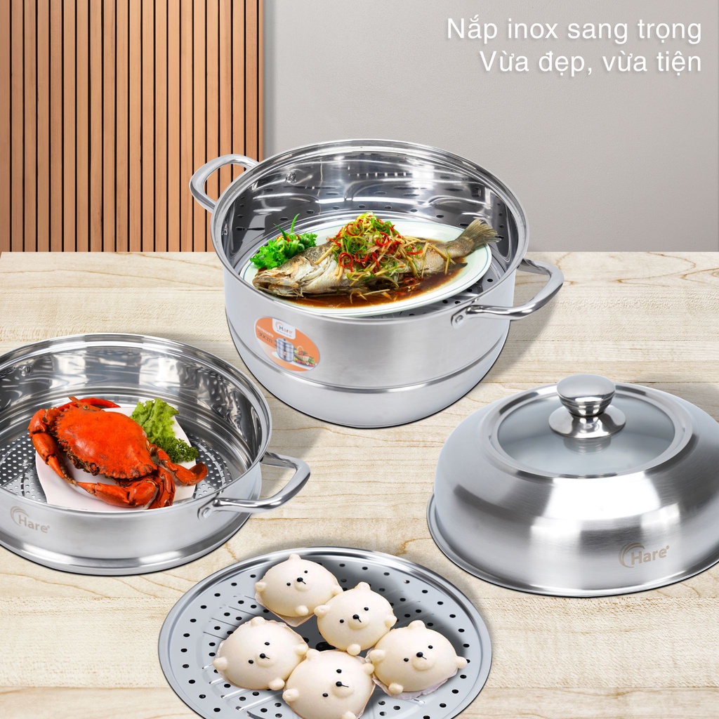 Bộ nồi hấp inox cao cấp đáy từ 3 tầng vung kính - thương hiệu Hare - lỗi 1 đổi 1