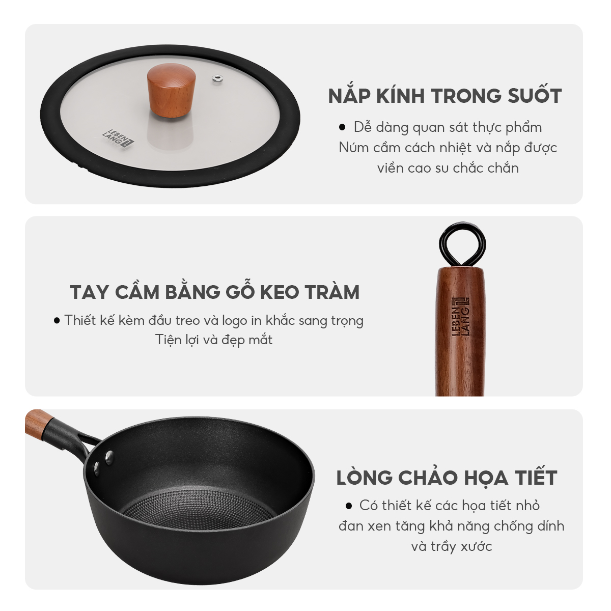 Nồi gang chống dính đa năng Lebenlang LBL2523, size 20, 2L, nắp kính tay cầm gỗ dùng mọi loại bếp - hàng chính hãng