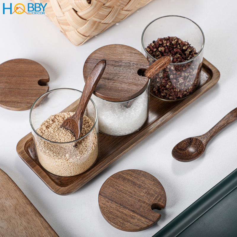 Combo 3 hủ gia vị thủy tinh kèm khay muỗng Hobby Home Decor HGV3D