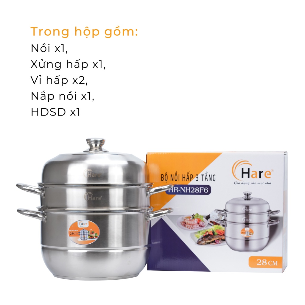 Bộ nồi hấp inox cao cấp đáy từ 3 tầng vung kính - thương hiệu Hare - lỗi 1 đổi 1
