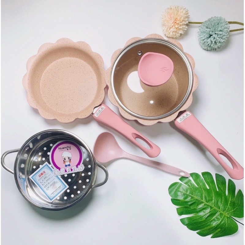 Bộ nồi chảo đá hình hoa cho bé ăn dặm cao cấp chống dính kèm lồng hấp nấu chế biến đồ gia đình dùng được bếp từ
