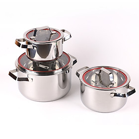 Bộ Nồi INOX 304 Cao Cấp 3 Lớp Liền Khối Emer EM1 Size 16-20-24cm Chính Hãng KALPEN