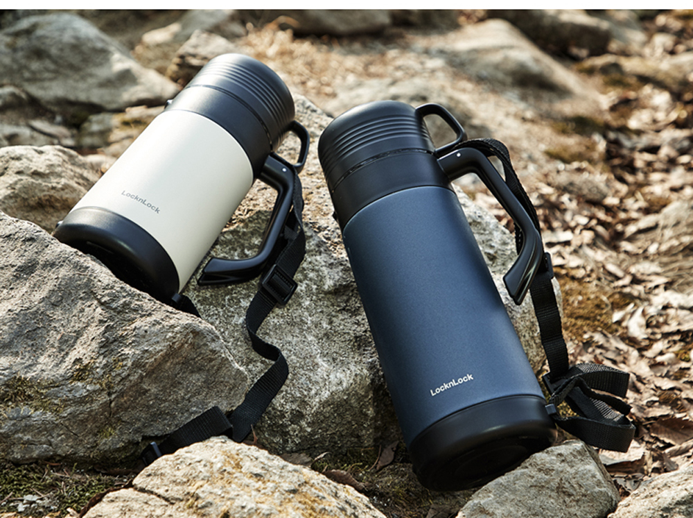 Bình giữ nhiệt Lock&Lock Easy Outdoor Vacuum Bottle màu trắng ngà LHC1485IVY 1,8L - Hàng chính hãng có quai xách, nắp dùng làm cốc nước - JoyMall