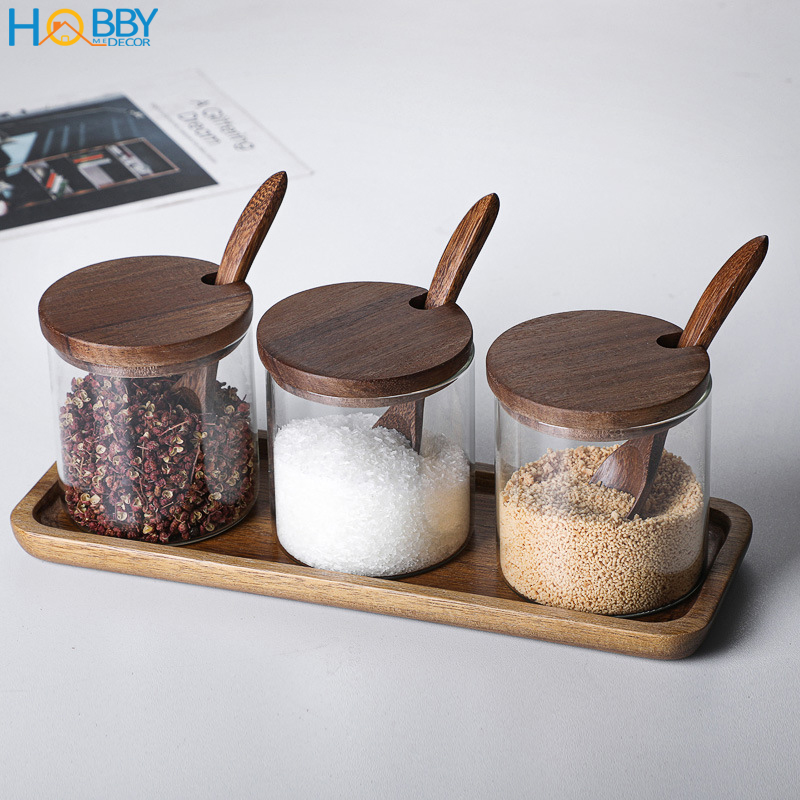 Combo 3 hủ gia vị thủy tinh kèm khay muỗng Hobby Home Decor HGV3D