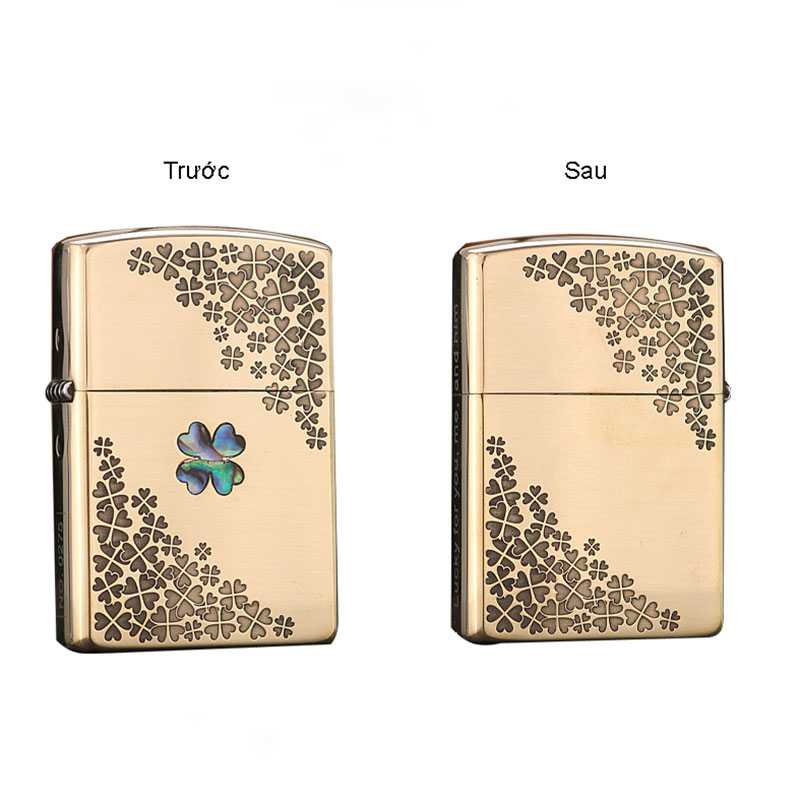 Vỏ Hột Quẹt Bật Lửa Xăng Đá Zorro Z2-1029 Khảm Trai Họa Tiết Cỏ 4 Lá May Mắn (Không Có Xăng)
