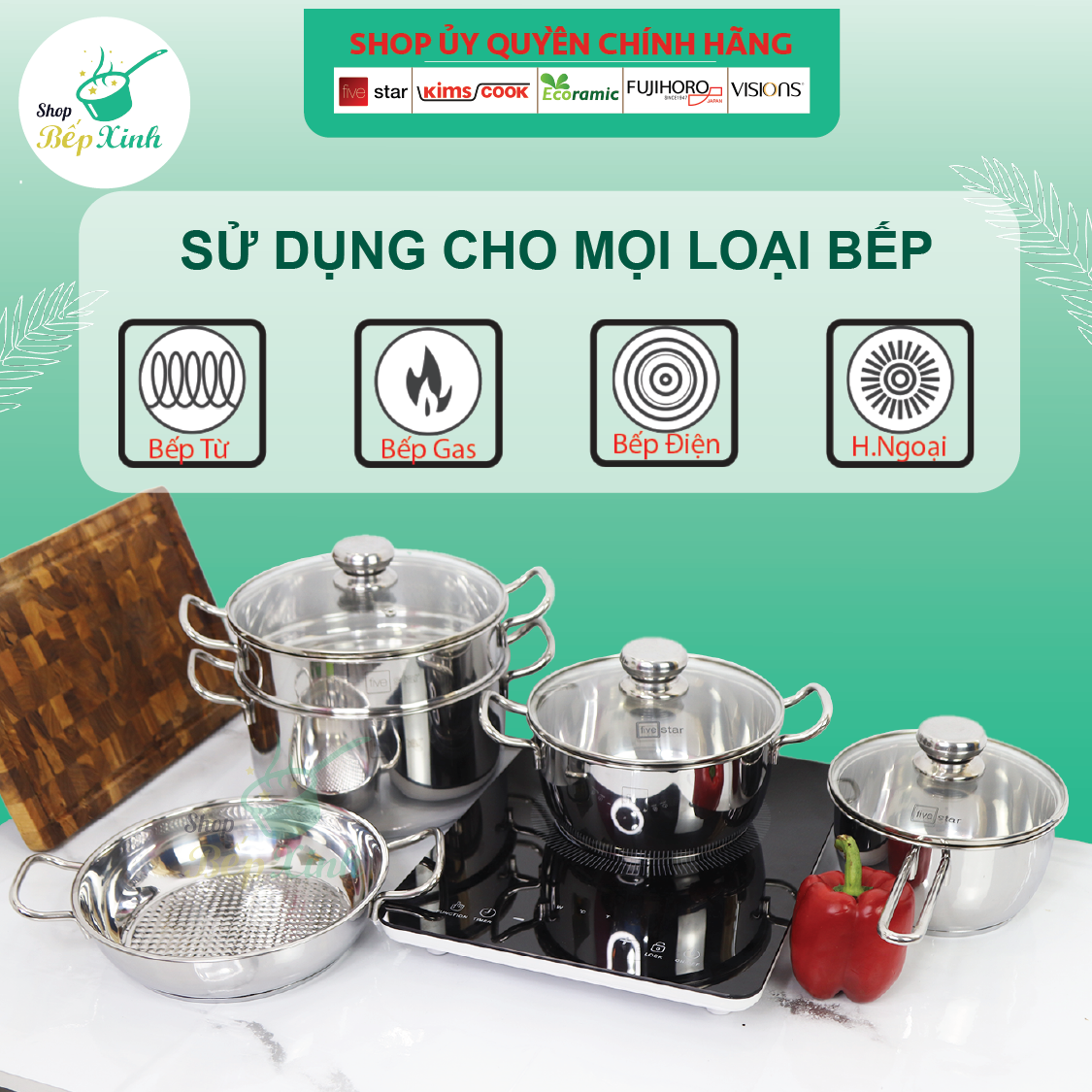 Bộ Nồi Inox 3 Đáy Từ Fivestar Standard FSB50002 5 chiếc nắp kính ( tặng 2 vá canh )