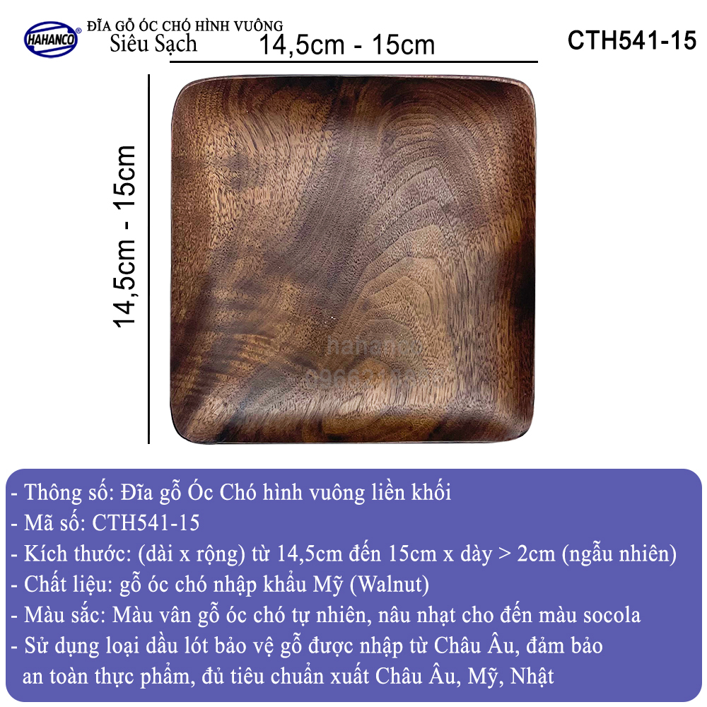 Đĩa vuông gỗ Óc Chó nhập khẩu Mỹ nguyên khối - hàng Xuất Khẩu Châu Âu - CTH541 - đựng đồ ăn/trang trí - đĩa bánh mì/trái cây/ bít tết/ pizza/ phụ kiện chụp ảnh, bày món ăn trong nhà hàng - Sang trọng trên bàn ăn