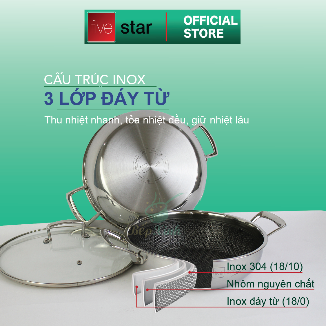 Chảo tổ ong chống dính 2 quai FiveStar 3 lớp đáy liền inox 304 ( 24cm / 26cm /28cm ), tặng 1 sạn inox