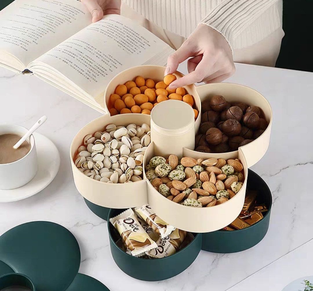 Khay đựng mứt tết Hoa Đào Tết 2 Tầng kèm lọ đựng tăn 2 in 1 - Khay đựng đồ ngày tết: Bánh kẹo, trái cây, đồ sấy...