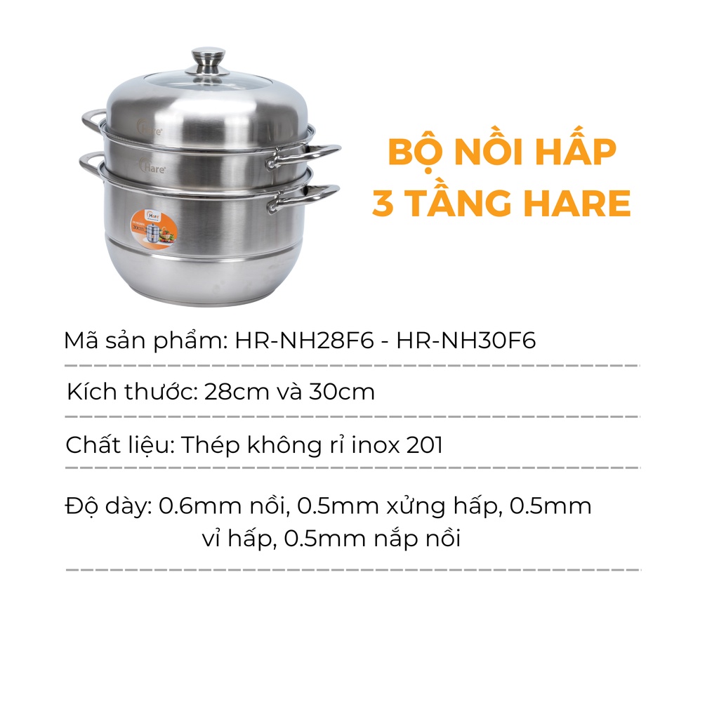Bộ nồi hấp inox cao cấp đáy từ 3 tầng vung kính - thương hiệu Hare - lỗi 1 đổi 1