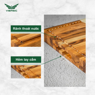 Thớt gỗ Teak Vibasic có khay đựng đồ, kích thước 40x30x3.8cm thái chặt băm đa năng - Hàng chính hãng Bộ Quốc Phòng sản xuất