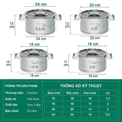 Bộ 4 nồi bếp từ 3 đáy inox 304 Plus quai vuông nắp kính - TẶNG 1 VÁ CANH