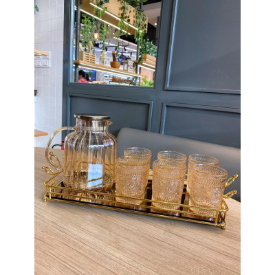 Set 6 Cốc Thuỷ Tinh Mặt Trời Màu Hổ Phách  Sang Trọng Tinh Tế  Có Bình Bán Kèm