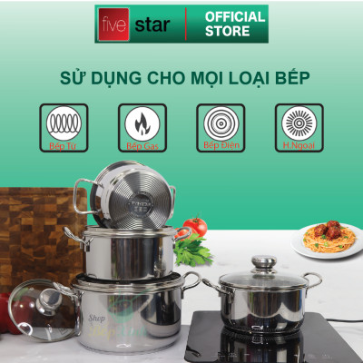 Bộ nồi chảo 3 đáy inox 430 cao cấp FiveStar Standard 6 món bếp từ nắp kính tặng 5 muỗng inox
