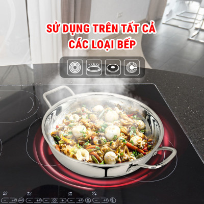 Chảo xào Inox 5 lớp đúc liền khối Kalpen Lager LX32 size 32cm, bảo hành 30 năm