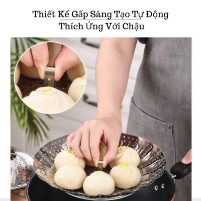 Khay hấp Xửng hấp Vỉ hấp inox kiêm khay đựng trái cây xòe có 3 chân gấp gọn tiện lợi