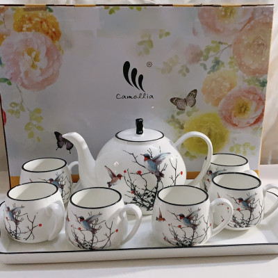 BỘ ẤM CHÉN PHA TRÀ KÈM KHAY SỨ CAO CẤP TRẮNG HỌA TIẾT CHIM ÉM MÙA XUÂN - ANTH672