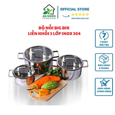 BỘ NỒI BIG BIRD INOX LIỀN KHỐI 304 CAO CẤP, NẮP KÍNH BẰNG, QUAI VUÔNG, GỒM 3 SIZE 16CM, 20CM, 24CM DÙNG ĐƯỢC CHO MỌI LOẠI BẾP TỪ, HỒNG NGOẠI, GA