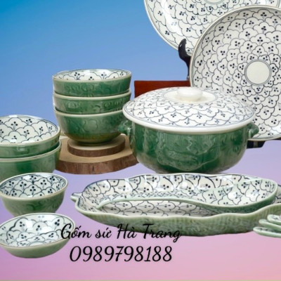 Bộ bát đĩa gốm sứ Bát Tràng cao cấp men lục bảo vẽ bèo dâu BDXĐ1