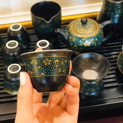 Bộ ấm chén pha trà đạo phong cách Nhật họa tiết hoa thổ cẩm  - vd178