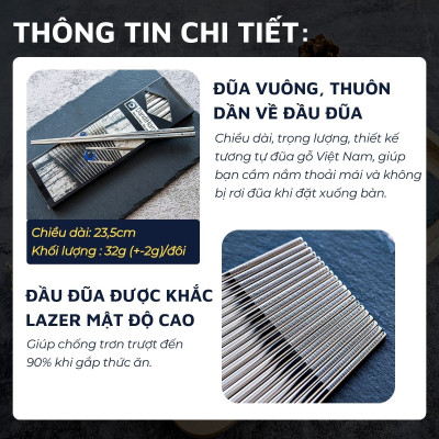 Set 05 đôi đũa inox 304 - 316 DandiHome 2020 chống trơn trượt, sang trọng, tinh tế