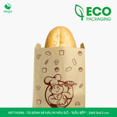 MFT1N3NN - 24x9.5x4.5 cm - 100 Túi bánh mì Nâu, in sẵn họa tiết ĐẦU BẾP - Bao bánh mì Túi giấy thực phẩm an toàn