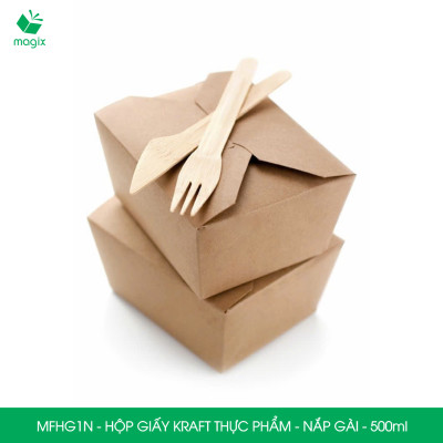 MFHG1N - 100 hộp giấy kraft thực phẩm 500ml, hộp giấy nắp gập màu nâu đựng thức ăn, hộp giấy nắp gài gói đồ ăn mang đi 