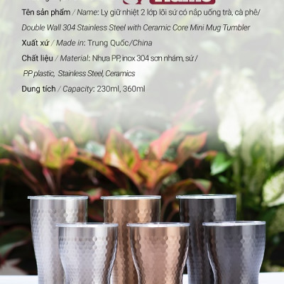 Ly giữ nhiệt inox hoa văn tổ ong 2 lớp phủ sứ Tiamo 230ml