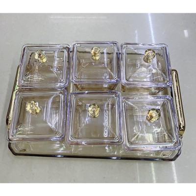 Bộ Mứt Thủy Tinh Chữ Nhật Decor Siêu Xinh | Khay bánh kẹo đựng hoa quả mứt tết 6 ngăn vuông có nắp - thố thủy tinh Cao Cấp