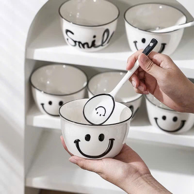 Set 2 Bát Ăn Cơm Sứ Hình Mặt Cười Smile - Chén Ăn Ngon Miệng Cho Bé, Hoạt Hình Dễ Thương Kèm 2 Thìa - HÀNG CHÍNH HÃNG MINIIN
