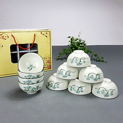 Bộ bát ăn cơm men kem hoa sen xanh cao cấp chính hãng Bát Tràng