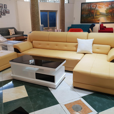 Sofa da góc L Tundo 2m7 x 1m6 màu kem đậm nệm rút