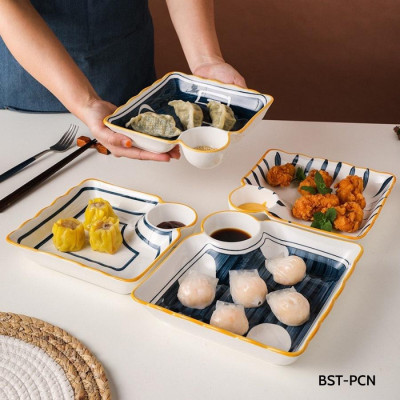 Đĩa sứ phong cách Nhật - hình vuông có ô đựng chấm sốt cực xinh