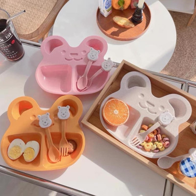 Bộ Khay Ăn Dặm Cho Bé 2 Ngăn Hình Gấu (kèm Muỗng, Nĩa) - hàng cao cấp