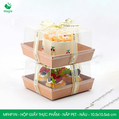 MFHP1N - 10.5x10.5x6 cm - 100 hộp giấy kraft thực phẩm màu nâu nắp Pet, hộp giấy vuông đựng thức ăn, hộp bánh nắp trong