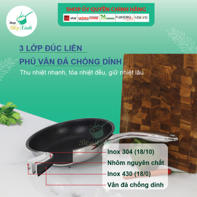 Chảo chống dính Five Star 3 lớp đáy liền bếp từ inox 304 - Tặng 5 muỗng ăn